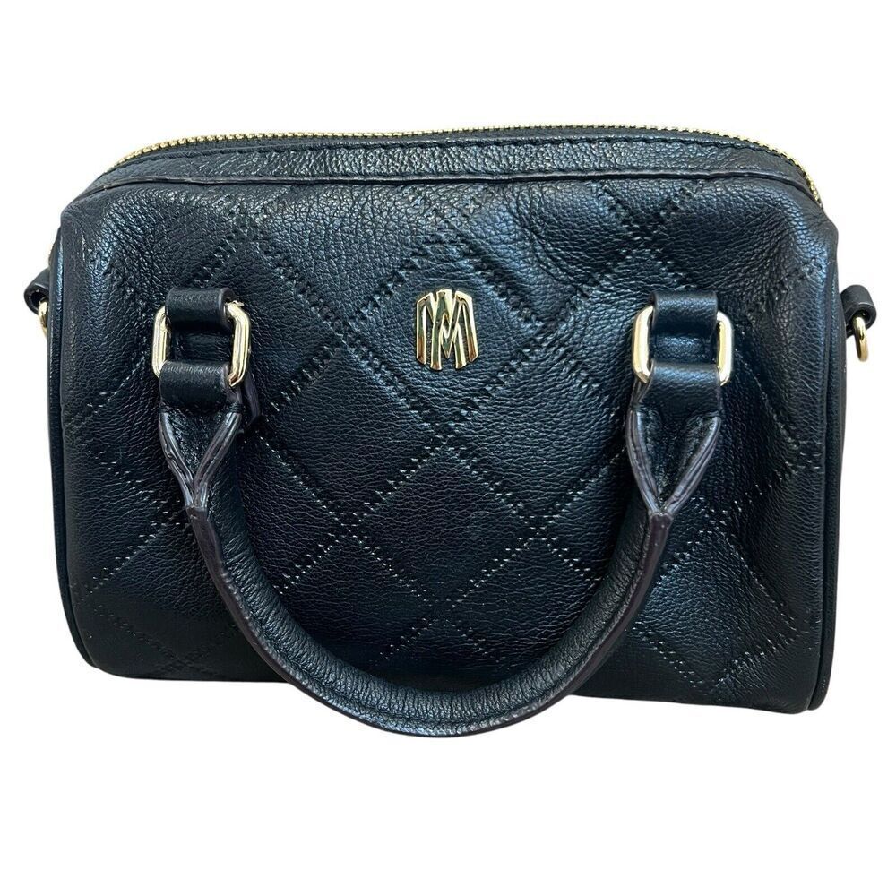 Antonio Melani Black Leather Small Leather Quilted Satchel Bag Crossbody
